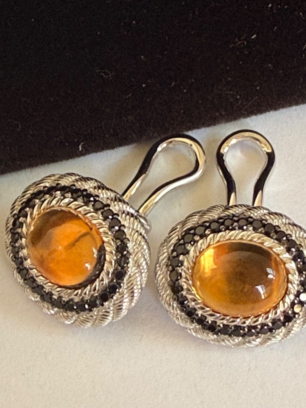 Judith Ripka 925 Cable Rope Twist Citrine & Black Spinel Clip On Earrings Halo